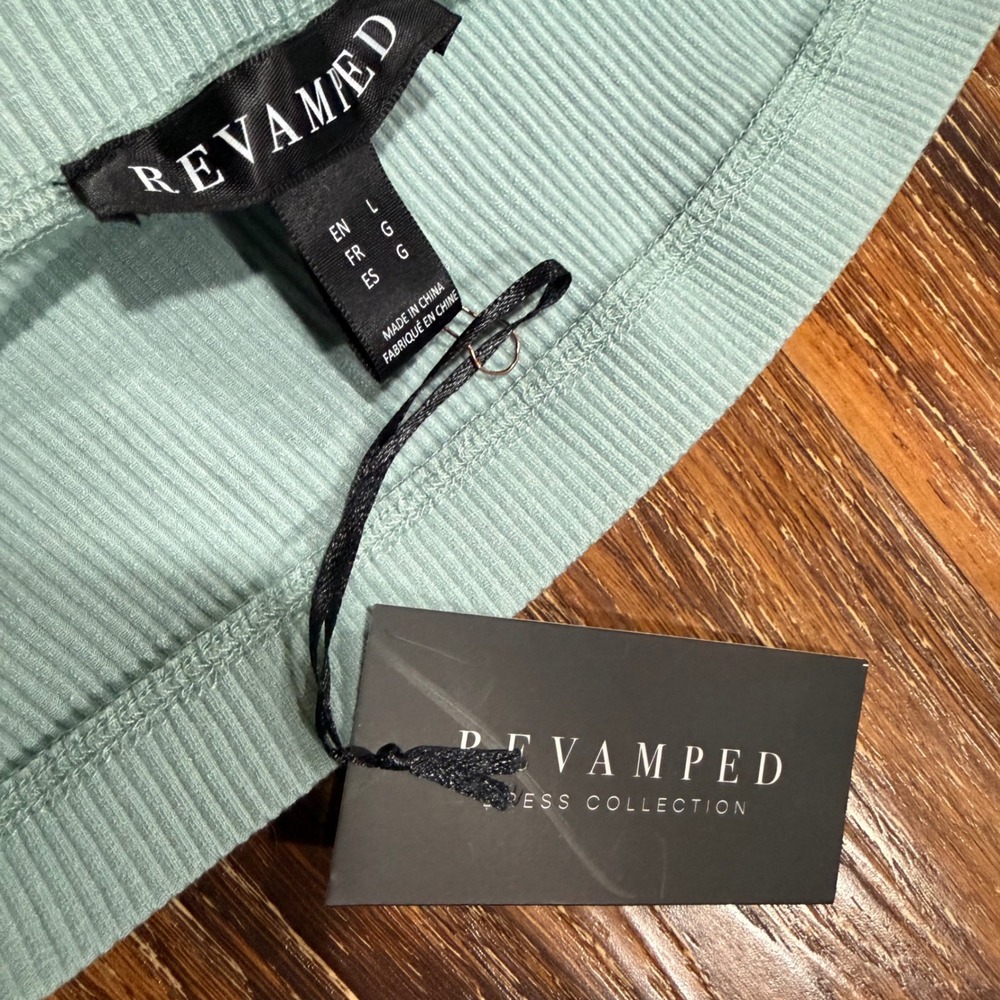 NWT Revamped Women's Light Blue Ribbed Strapless Midi Tube Dress Tie Waist Sz L - Picture 6 of 9